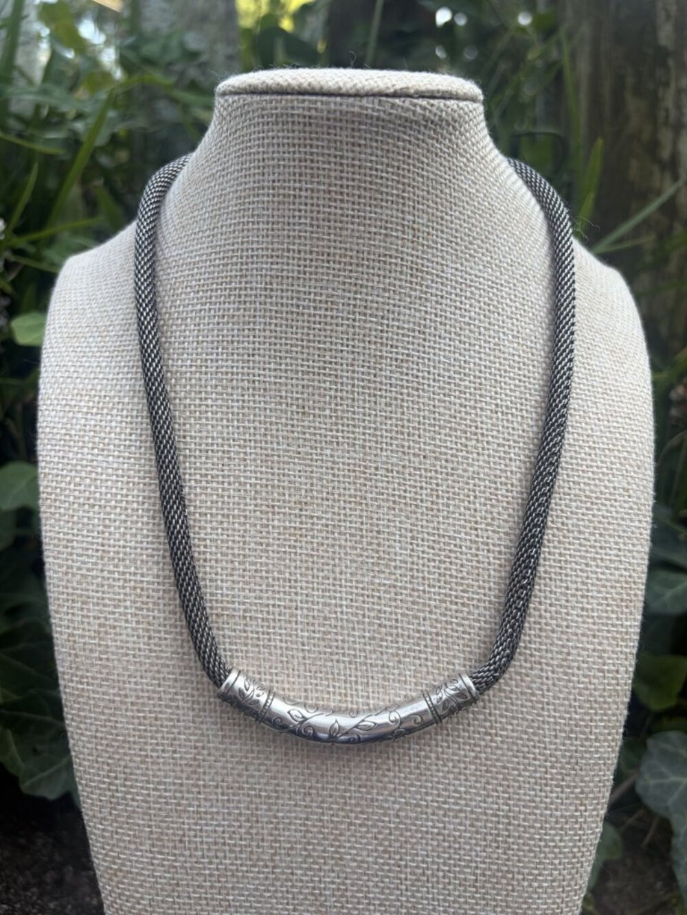 Brighton Silver Plated Scroll Mesh Chain Curved Bar Collar Necklace Heart Charm
